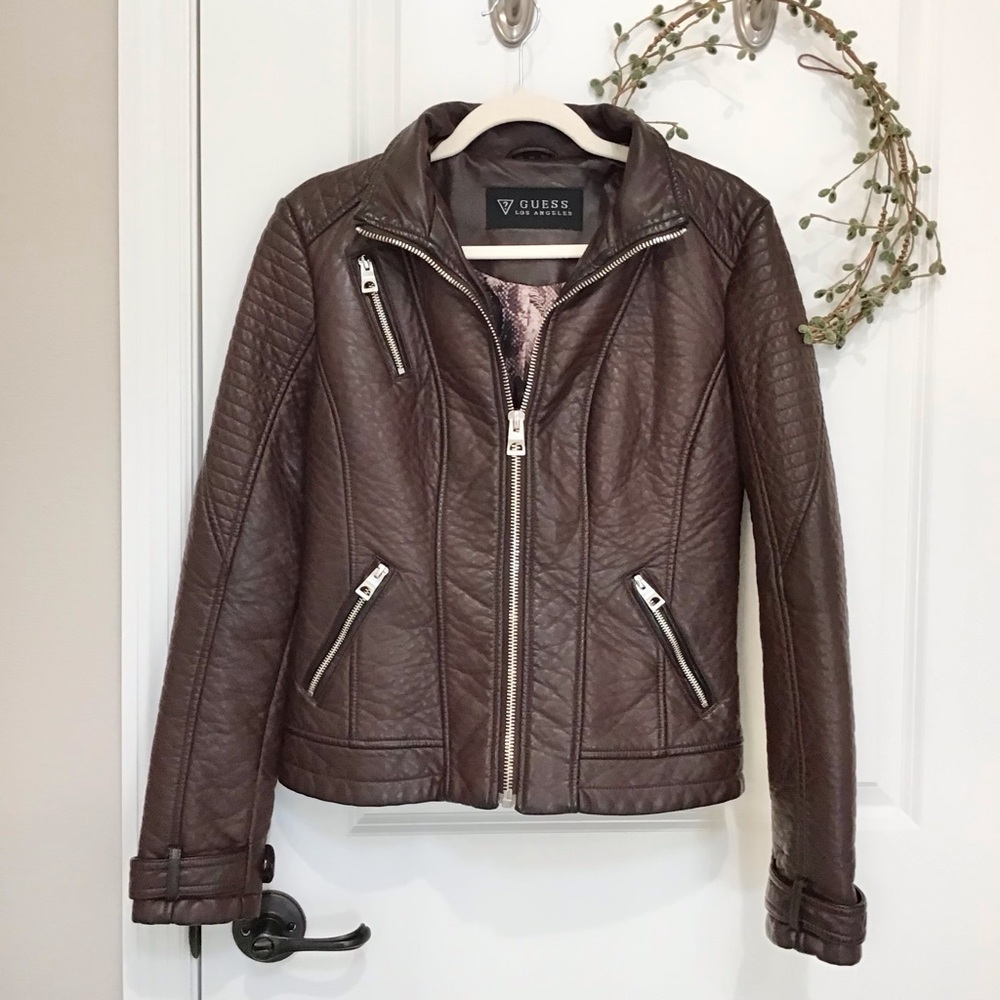 Guess Brown Quilted Faux Leather Moto Jacket